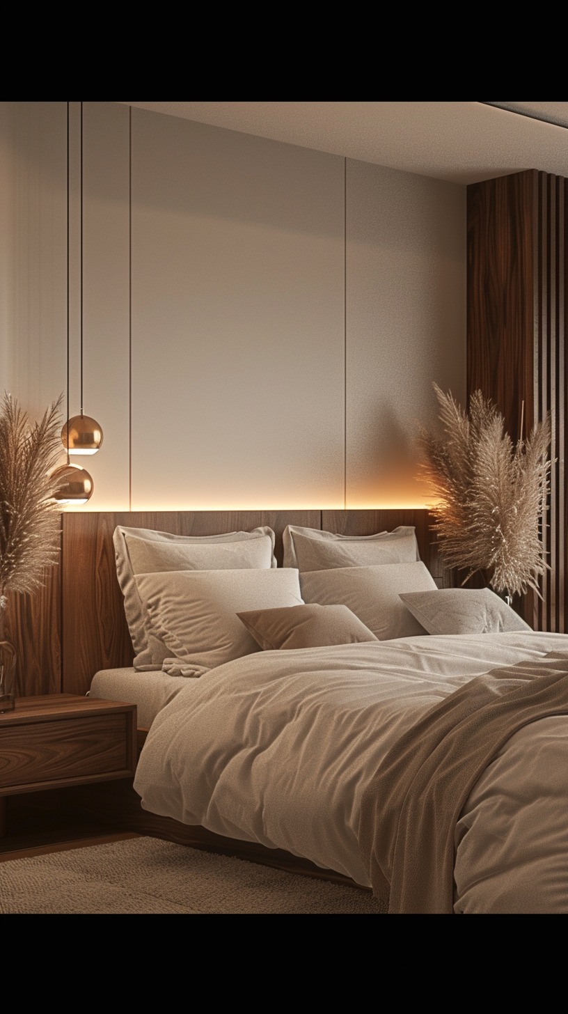Neutralna sypialnia z drewnianym panelem zagłówkowym z podświetleniem LED, wiszącymi lampami kulistymi i dekoracyjną trawą pampasową w wazonie.