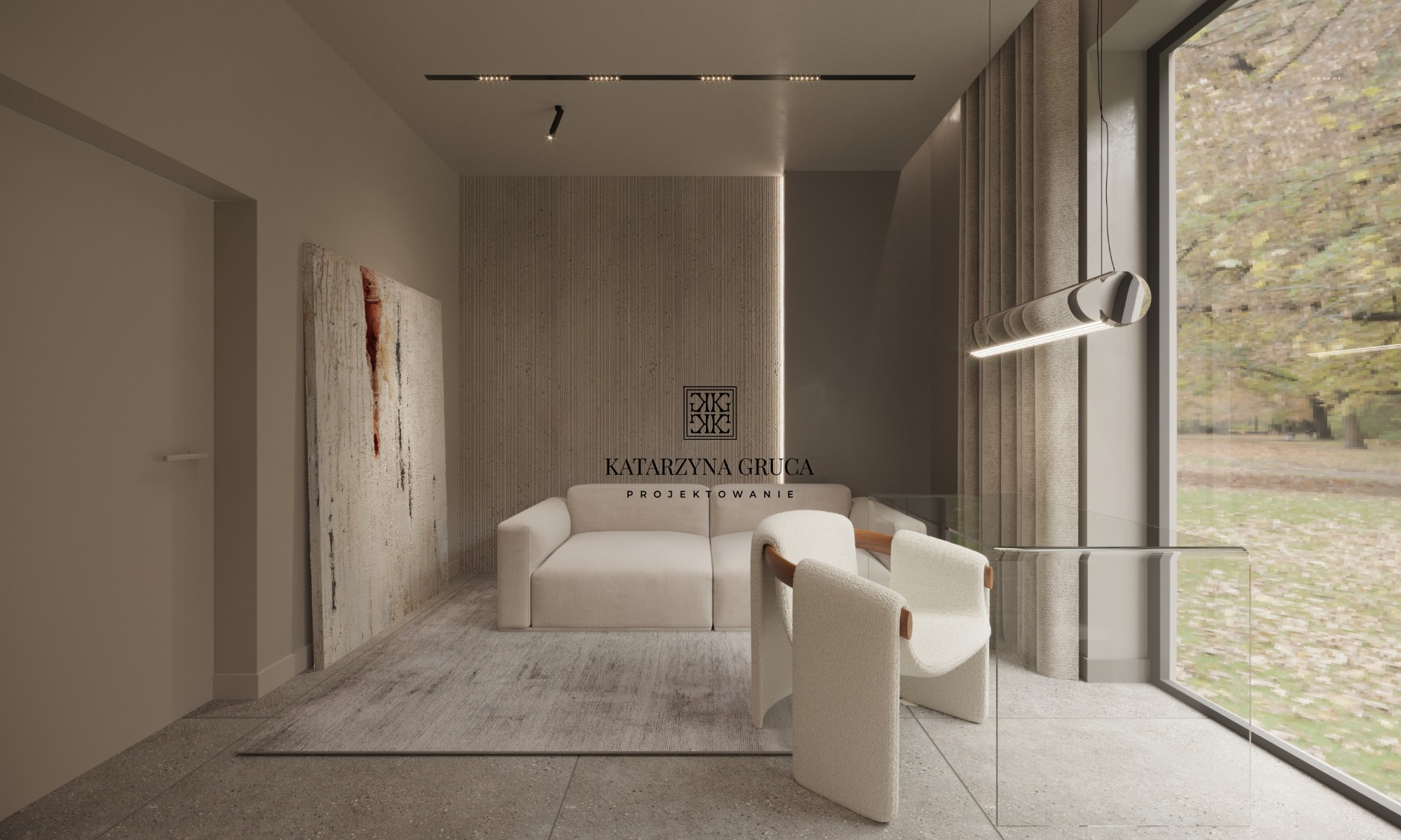 Wizualizacja salonu w neutralnych barwach z beżową sofą modułową, abstrakcyjnym obrazem na ścianie, dwoma fotelami obok szklanego stolika i dużego okna z widokiem na park.
