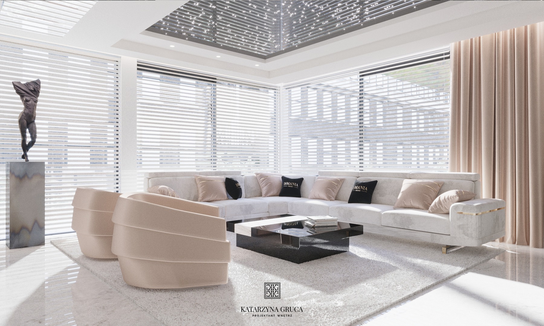 Jasne, nowoczesne wnętrze salonu z narożną sofą, abstrakcyjnymi fotelami, marmurową podłogą i dekoracyjnym sufitem z efektem gwiazd.