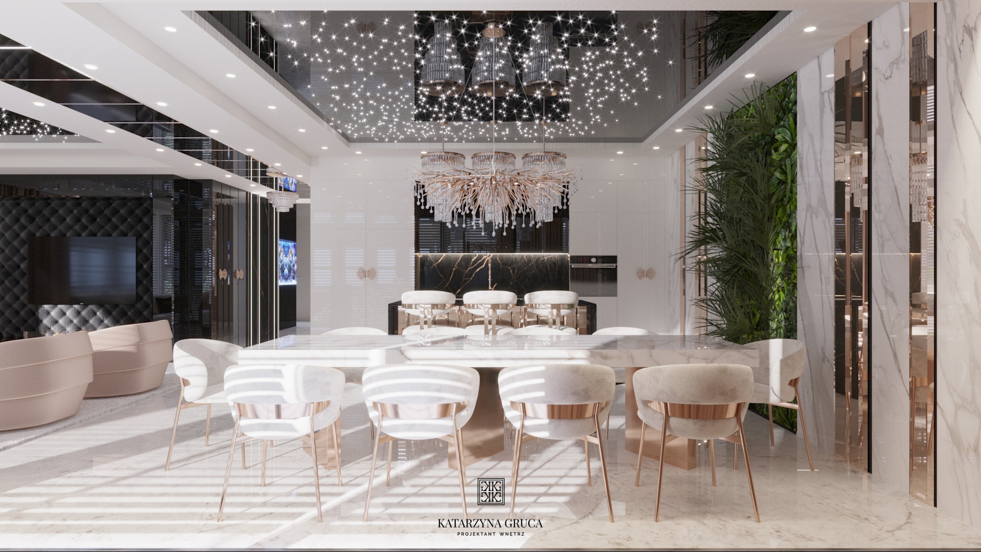 Elegancka jadalnia z marmurową podłogą, dużym stołem otoczonym krzesłami z welurowymi siedziskami i złotymi nogami, podwieszanym sufitem z efektem gwiazd i ozdobnym żyrandolem, w tle zabudowa...