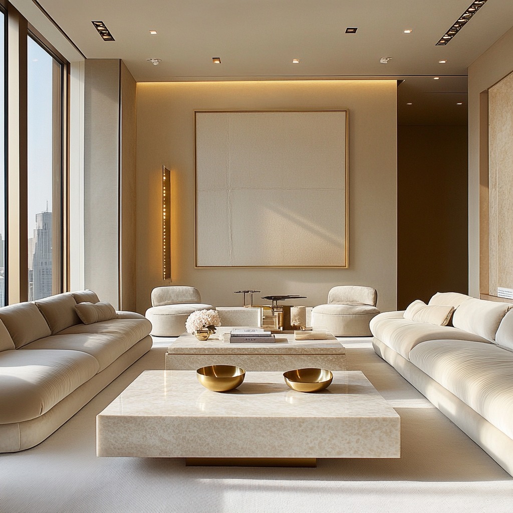 Elegancki salon w beżowych tonacjach z dwoma sofami o opływowych kształtach, marmurowymi stolikami kawowymi i minimalistycznym obrazem na ścianie.