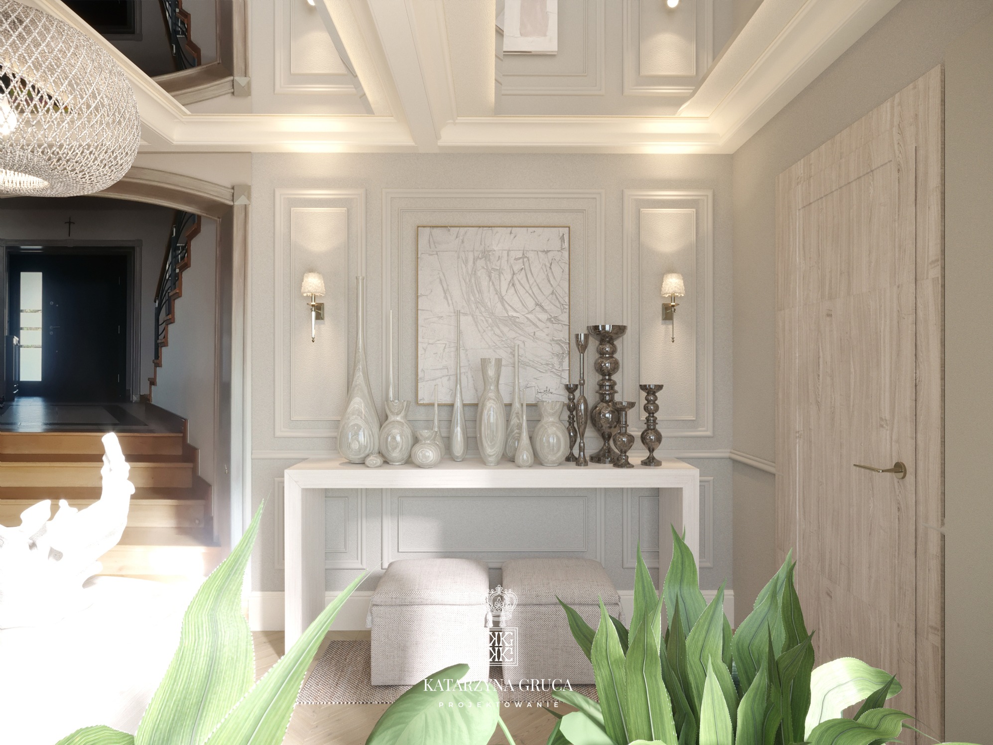 Elegancki hol w jasnych barwach z konsolą, dekoracyjnymi wazonami i świecznikami, widok na schody i rośliny doniczkowe w pierwszym planie, oświetlenie punktowe i dekoracyjne listwy ścienne.