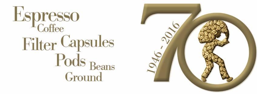 Logo firmy z okazji 70-lecia (1946-2016) z sylwetką osoby utworzonej z ziaren kawy, obok lista produktów: espresso, kawa, kapsułki, ziarna, kawa mielona.
