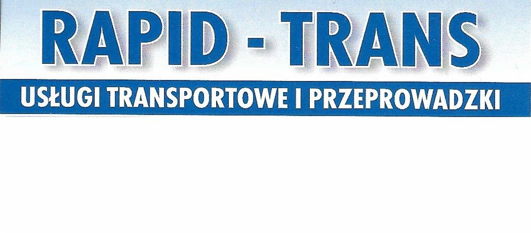 Niebiesko-białe logo firmy Rapid-Trans z napisem 'Usługi transportowe i przeprowadzki'.