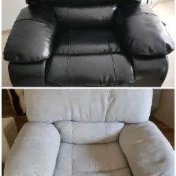 Kolaż przedstawiający fotel przed i po renowacji: góra - czarna skóra, dół - jasnoszara tkanina, widoczne detale szwów i faktury materiałów.