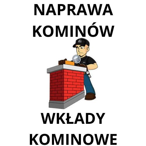Ilustracja przedstawiająca kominiarza z lupą badającego czerwony komin z napisem 'Naprawa kominów' i 'Wkłady kominowe'.