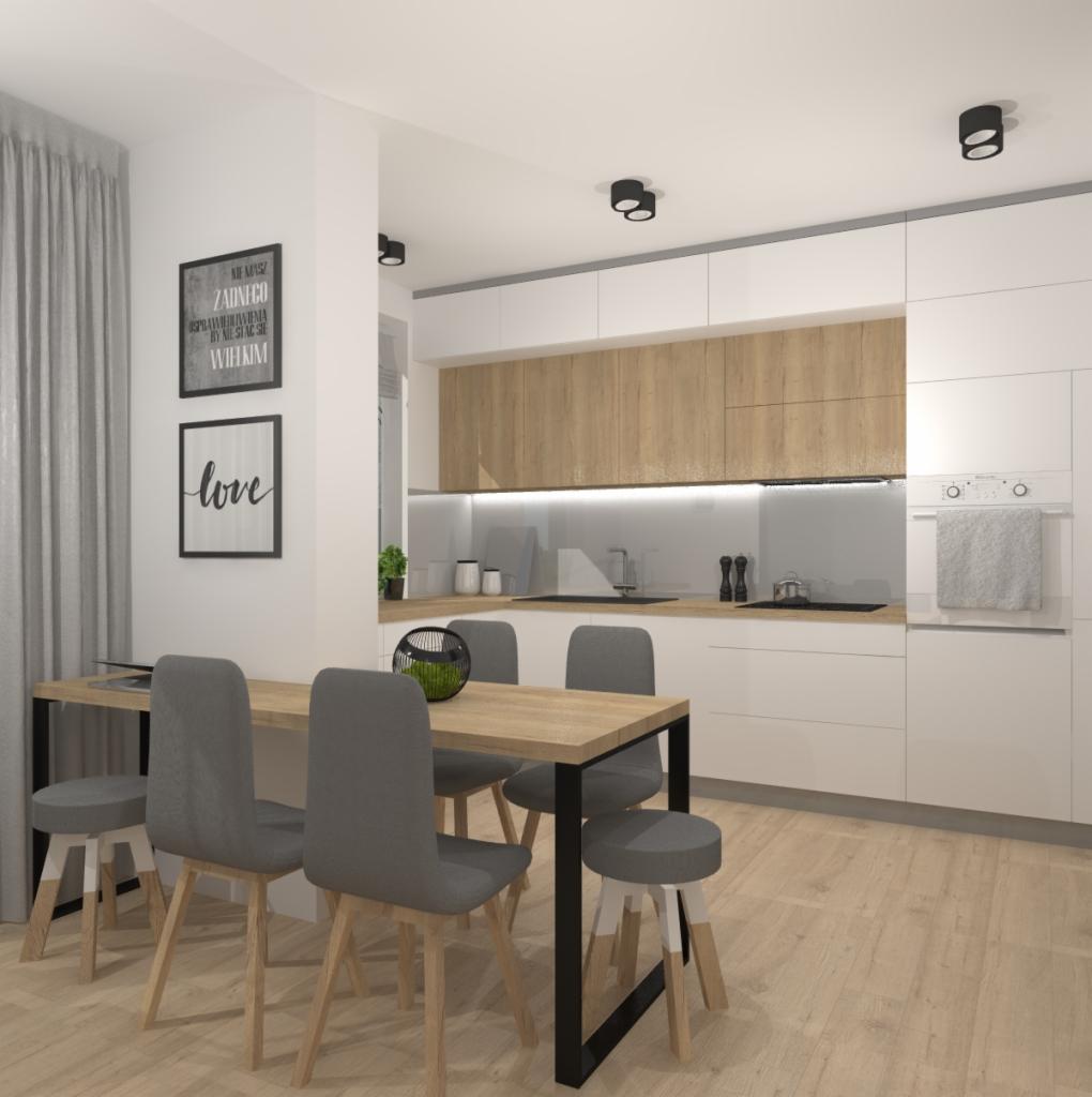 Wizualizacja nowoczesnej kuchni z drewnianymi frontami szafek górnych i białymi dolnymi, stół z szarymi krzesłami i stołkami, na ścianie grafiki w ramkach.