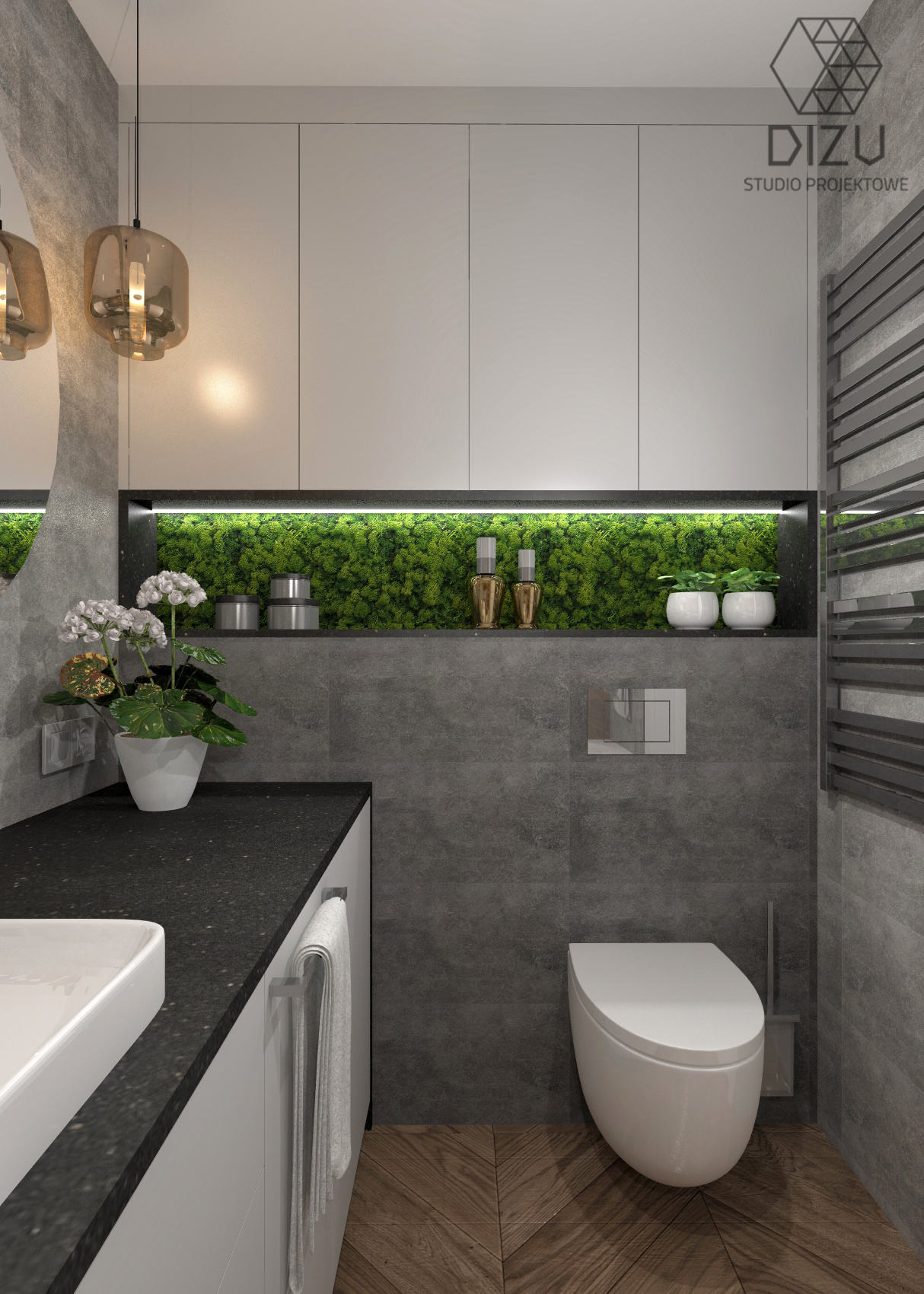 Nowoczesna łazienka z szarą płytką, drewnianą podłogą, białymi szafkami i blatem z czarnego granitu, akcentem zieleni w postaci mchu na półce i dekoracyjnymi lampami wiszącymi.