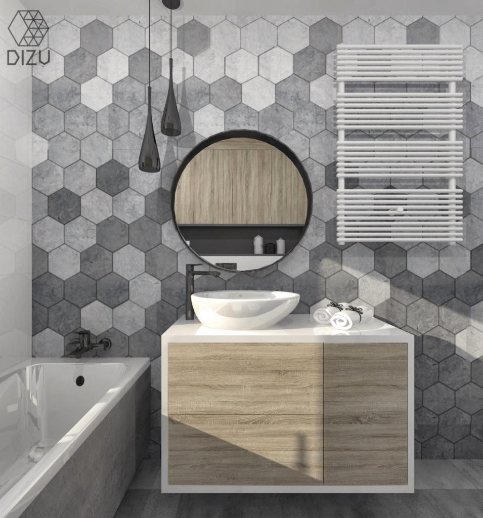 Nowoczesna łazienka z heksagonalnymi płytkami w odcieniach szarości, owalną umywalką nablatową, okrągłym lustrem z szafką w tle, grzejnikiem drabinkowym i czarną armaturą.