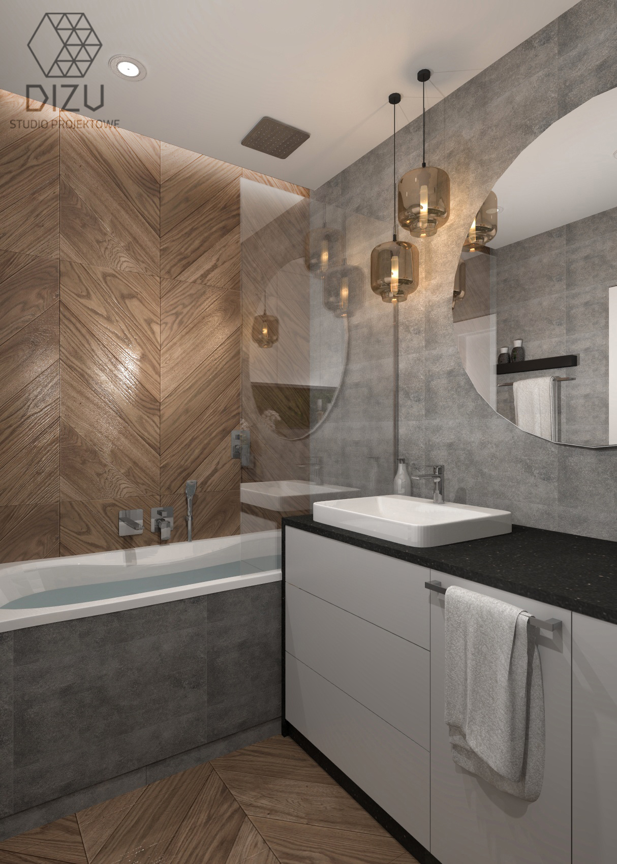 Nowoczesna łazienka z drewnianą ścianą ułożoną w jodełkę, wiszącymi lampami z brązowego szkła i okrągłym lustrem.