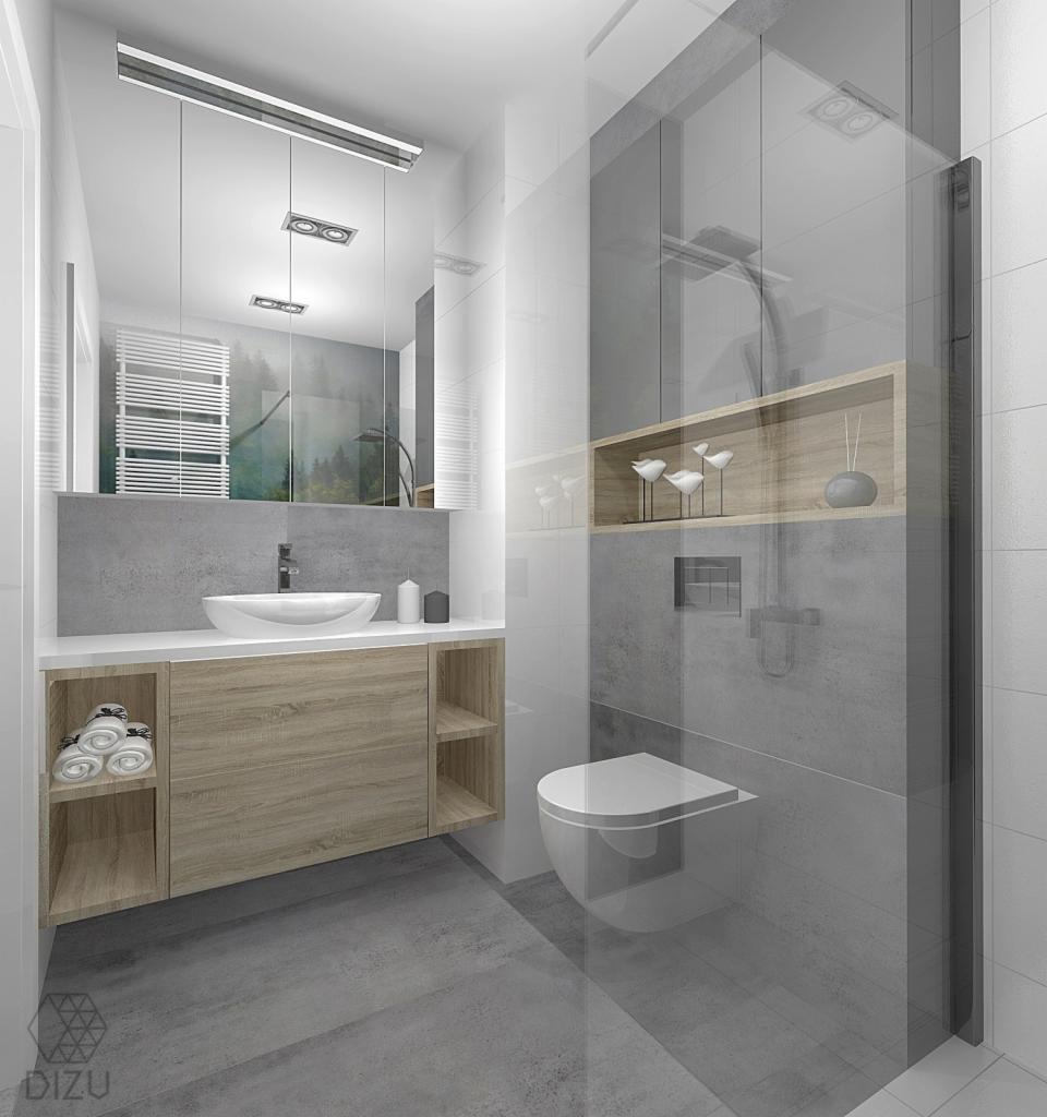 Nowoczesna łazienka z umywalką nablatową, drewnianą szafką z otwartymi półkami, szarą ścianą i kabiną prysznicową ze szklaną ścianą.