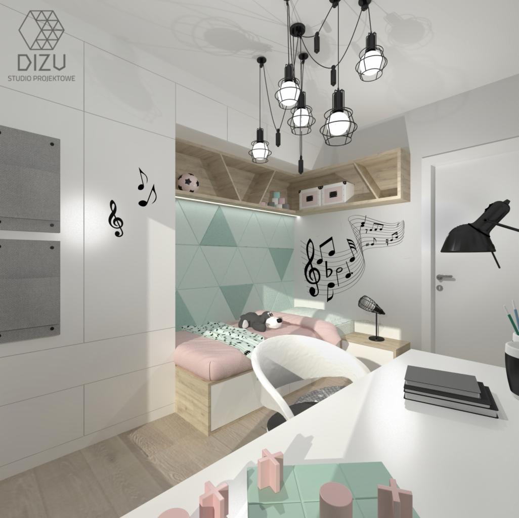 Wizualizacja pokoju dziecięcego z łóżkiem wbudowanym w ścianę, tapicerowanym panelem w pastelowych trójkątach, półkami z dekoracjami, lampą wiszącą z kilkoma żarówkami i biurkiem z zabawkami.