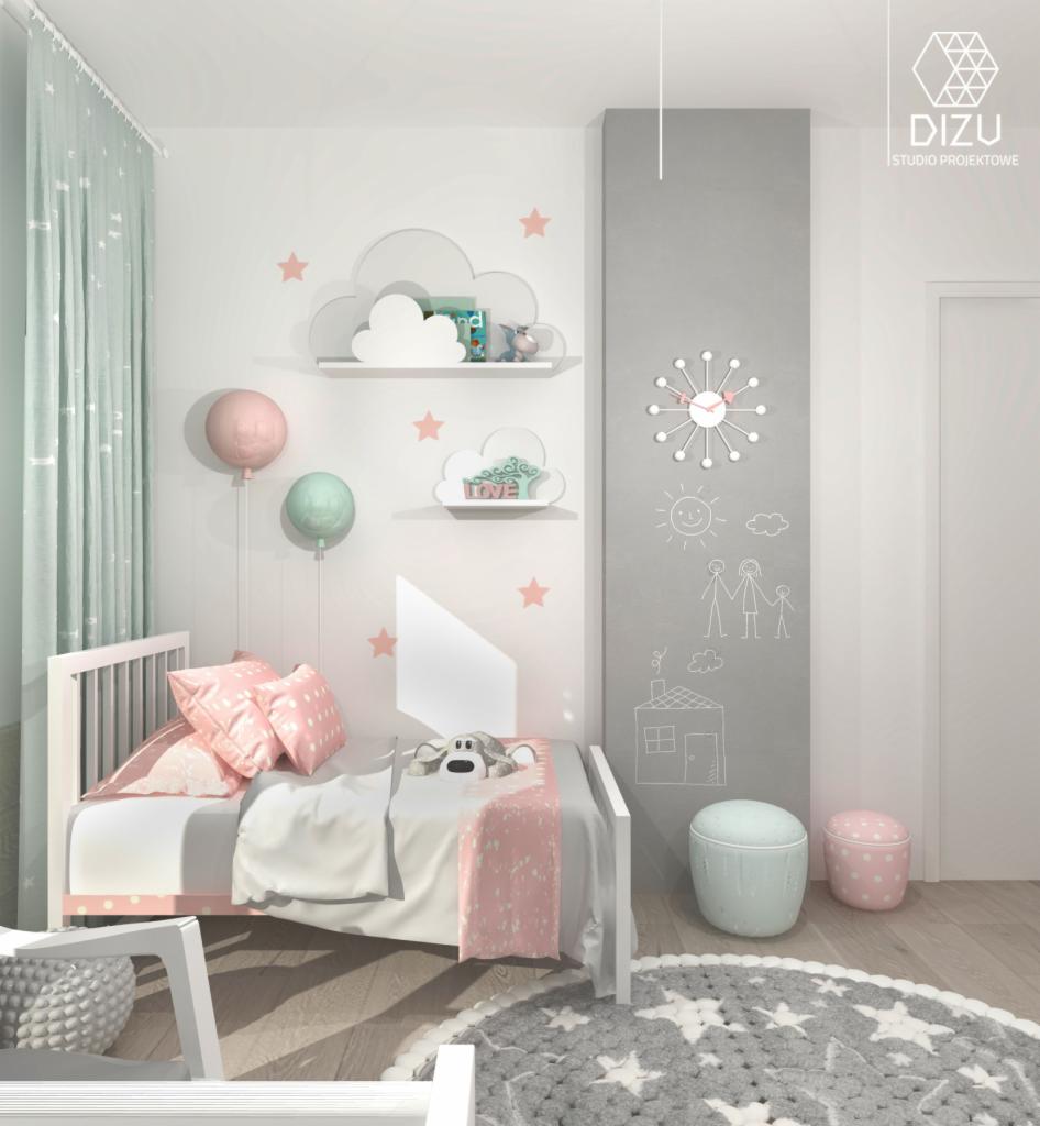 Projekt pokoju dziecięcego z białym łóżkiem, półkami w kształcie chmur, pastelowymi balonami i szarą ścianą z rysunkami, uzupełniony okrągłym dywanem w gwiazdy.