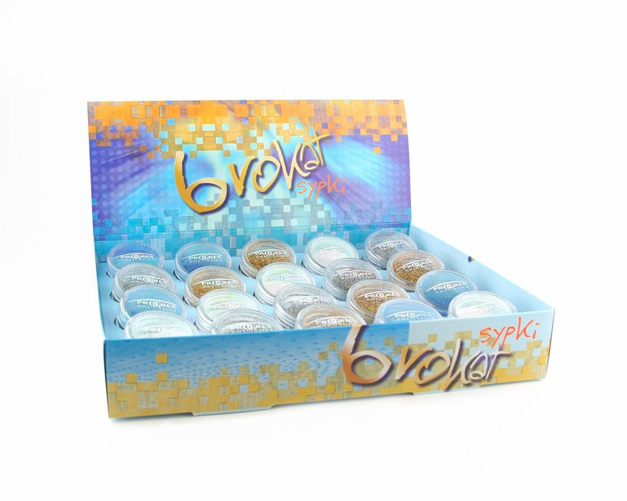 Pudełko z brokatowymi sypkimi pigmentami kosmetycznymi marki Broker Cosmetics, w przezroczystych pojemniczkach, na białym tle.