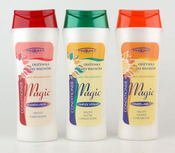 Trzy butelki odżywek do włosów, każda z innym kolorem nakrętki i przeznaczeniem: czerwona - do włosów farbowanych, zielona - do włosów suchych i zniszczonych, pomarańczowa - do włosów cienkich...