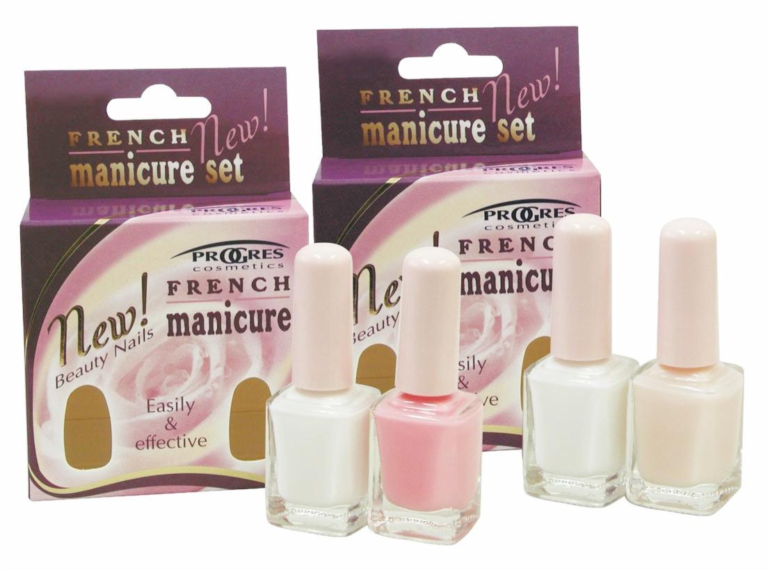 Zestaw do manicure francuskiego: dwa opakowania i trzy buteleczki lakierów w odcieniach bieli i różu, prezentowane na białym tle.