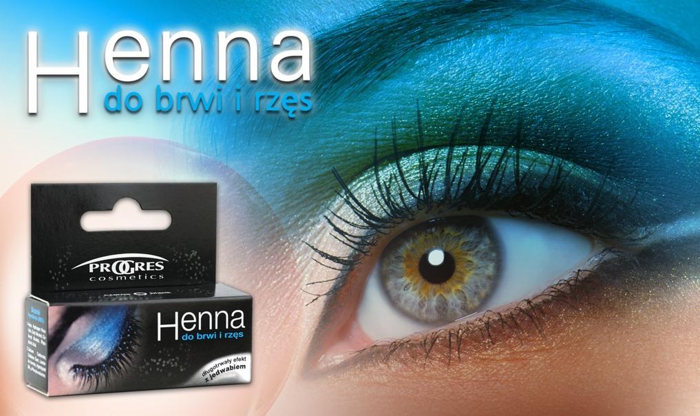 Zbliżenie oka z intensywnym, turkusowo-zielonym cieniem do powiek i podkreślonymi rzęsami, obok opakowanie henny do brwi i rzęs marki Progres Cosmetics.