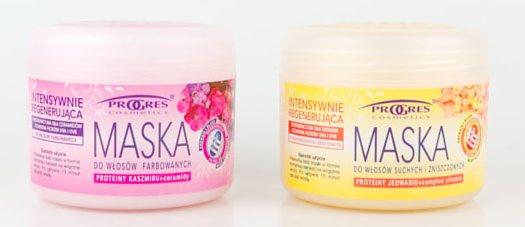 Dwa słoiki masek do włosów marki Progres Cosmetics: różowa do włosów farbowanych i żółta do włosów suchych i zniszczonych, ustawione obok siebie na białym tle.