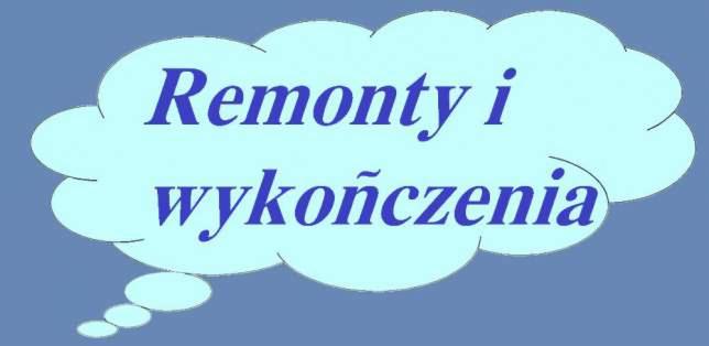 Niebieski napis 'Remonty i wykończenia' w chmurce na błękitnym tle.