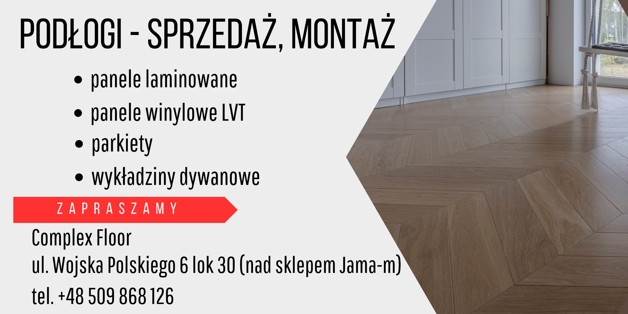 Grafika reklamowa firmy podłogowej prezentująca ułożony parkiet w jodełkę francuską, w tle białe szafki i huśtawka.