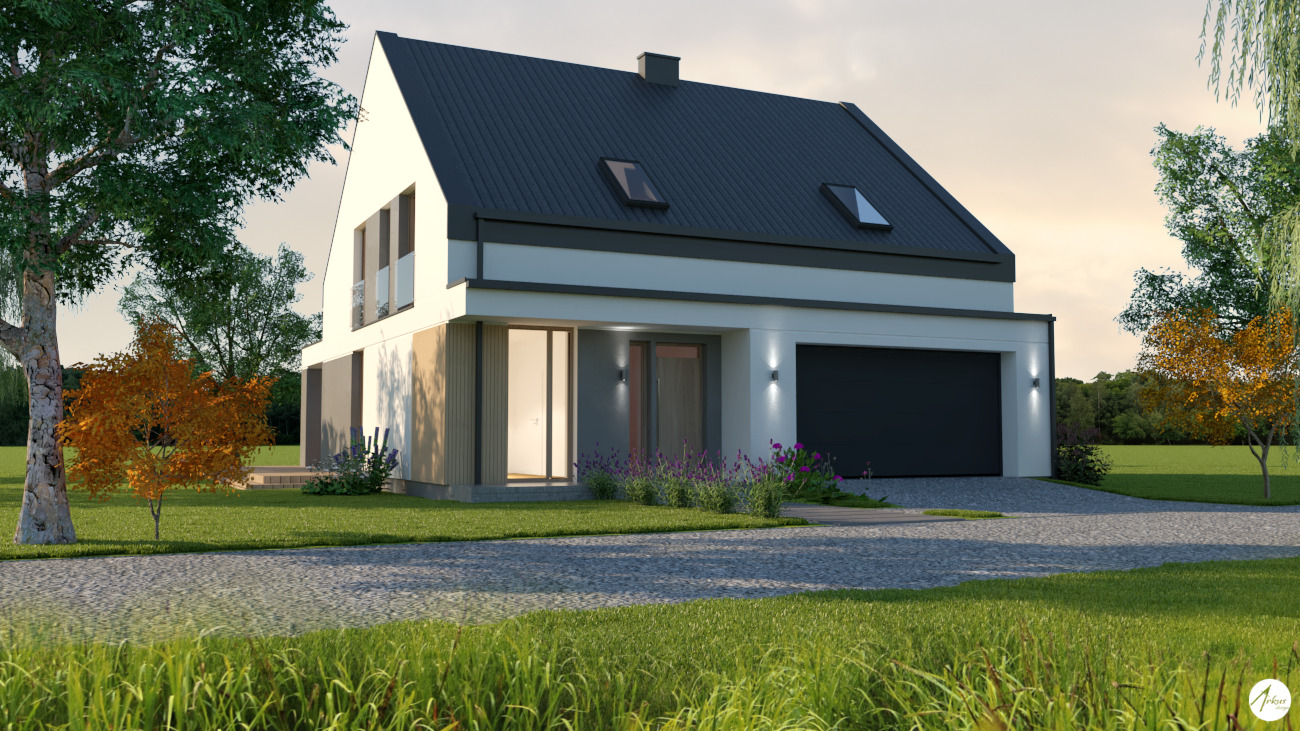Wizualizacja nowoczesnego, dwukondygnacyjnego domu z garażem, ciemnym dachem i jasną elewacją, otoczonego zielenią i drzewami w jesiennej kolorystyce.