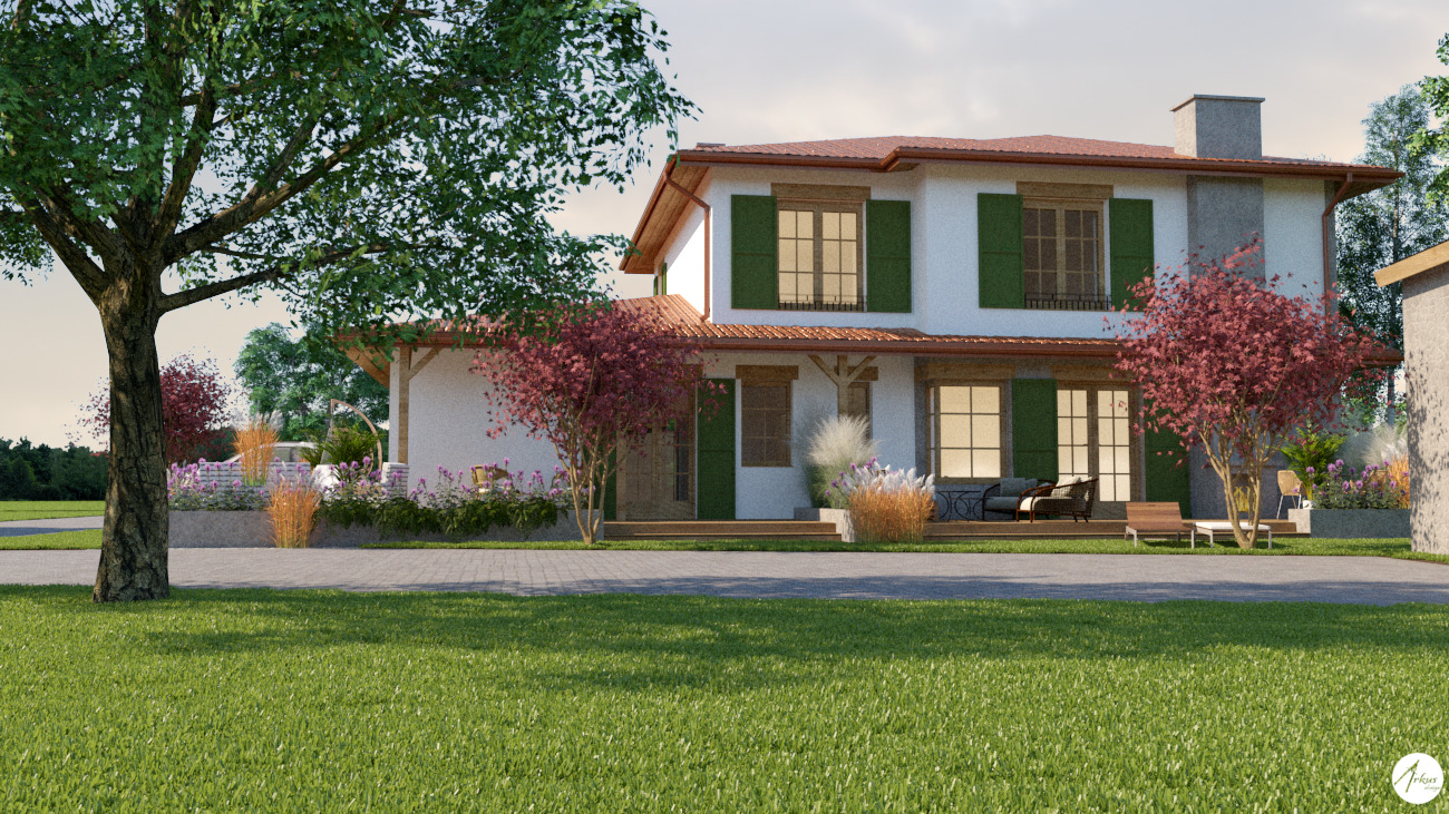 Wizualizacja domu dwukondygnacyjnego z białymi ścianami, zielonymi okiennicami i czerwoną dachówką, otoczonego zielonym trawnikiem i roślinnością, z widocznym tarasem i meblami ogrodowymi.