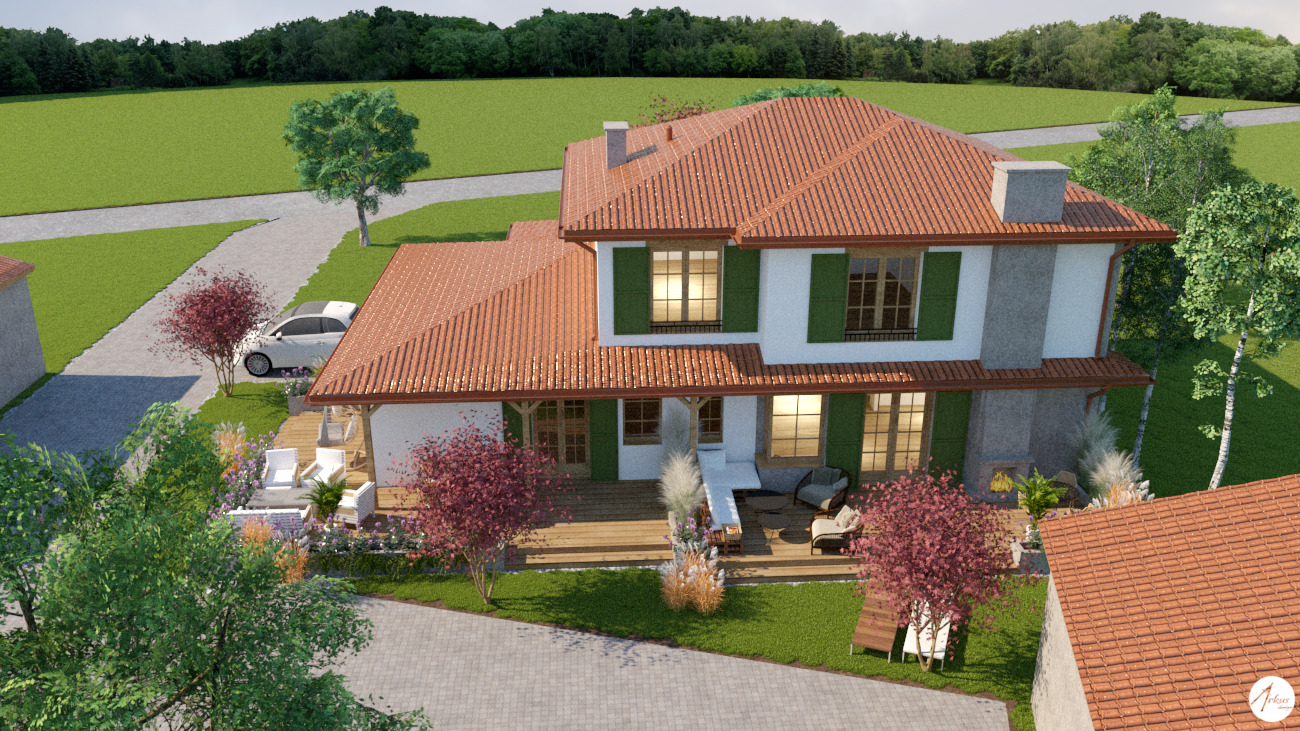 Wizualizacja domu z czerwonym dachem i zielonymi okiennicami, widok z góry na taras z meblami ogrodowymi, samochód zaparkowany na podjeździe, bujna zieleń w tle.