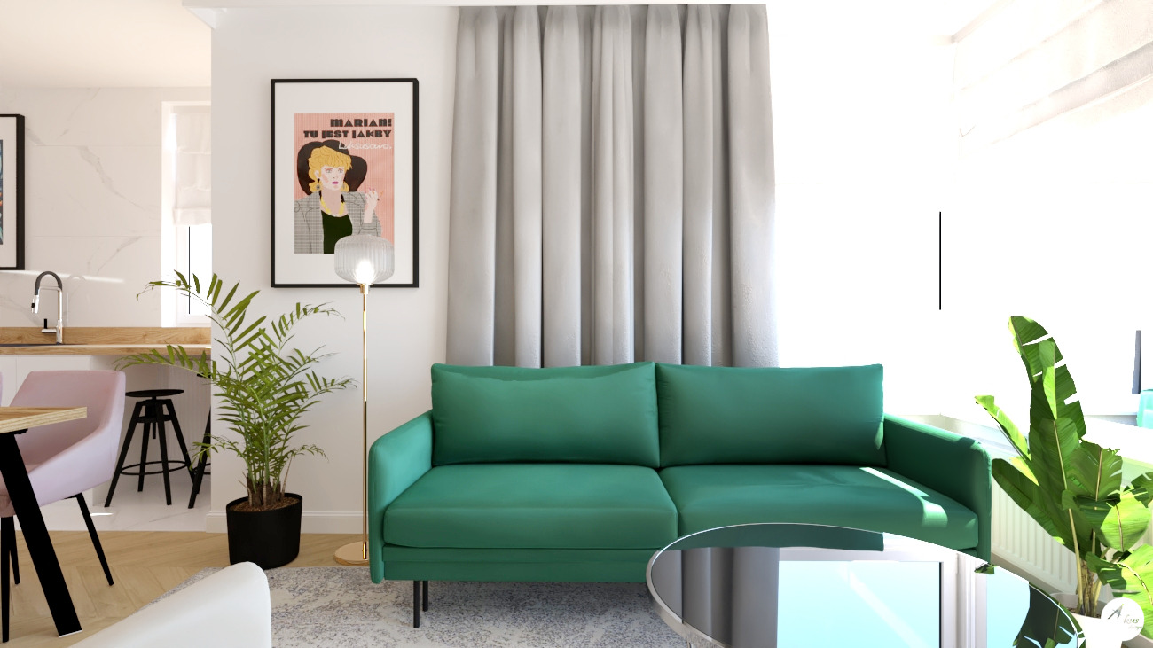 Wizualizacja wnętrza salonu z zieloną sofą, lampą podłogową i plakatem w czarnej ramie, z widoczną kuchnią w tle.