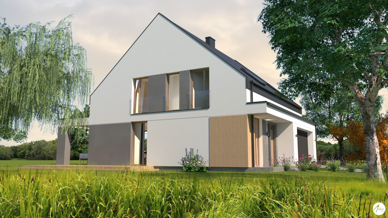 Wizualizacja nowoczesnego domu jednorodzinnego z dwuspadowym dachem, jasną elewacją z elementami drewnianymi i szarymi akcentami, otoczonego zielenią, z widoczną roślinnością ozdobną i drzewami.