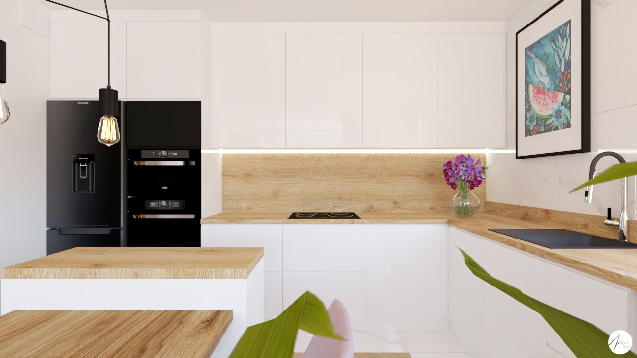 Wizualizacja nowoczesnej kuchni z białymi, lakierowanymi szafkami, drewnianym blatem i czarnym sprzętem AGD, oświetlona lampami wiszącymi typu Edison oraz podświetleniem LED podszafkowym,...