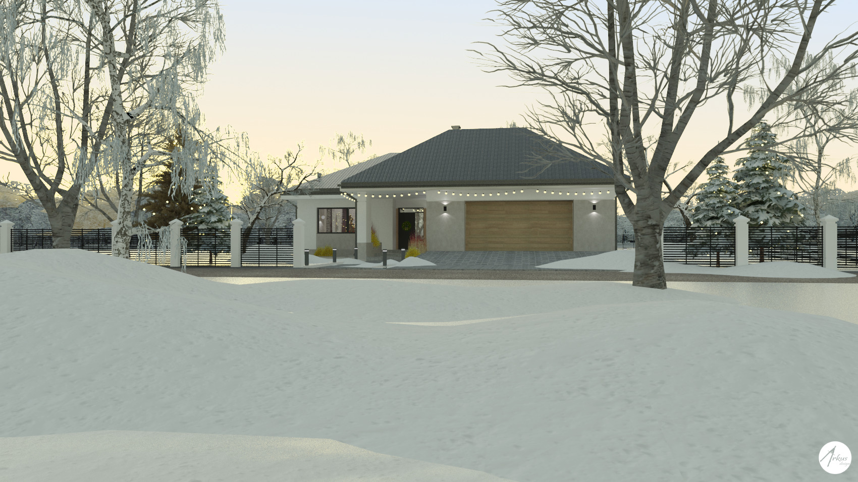 Wizualizacja zimowego krajobrazu z nowoczesnym domem jednorodzinnym z garażem, oświetlonym girlandą, otoczonym śniegiem i drzewami z oszronionymi gałęziami, widok z poziomu gruntu.