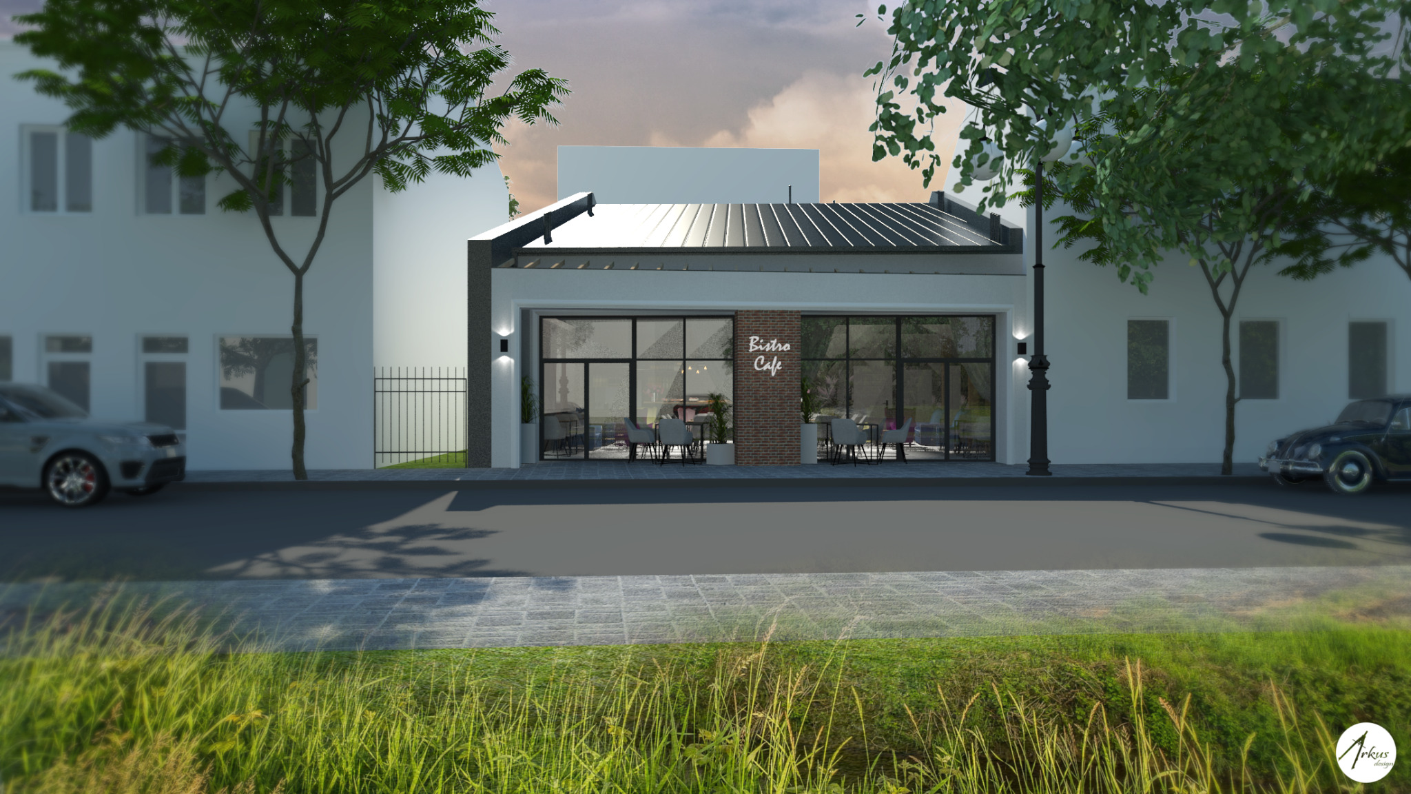 Wizualizacja budynku usługowego Bistro Cafe z dużymi oknami, widok z poziomu trawy, z samochodami po bokach i drzewami, oświetlenie zewnętrzne.