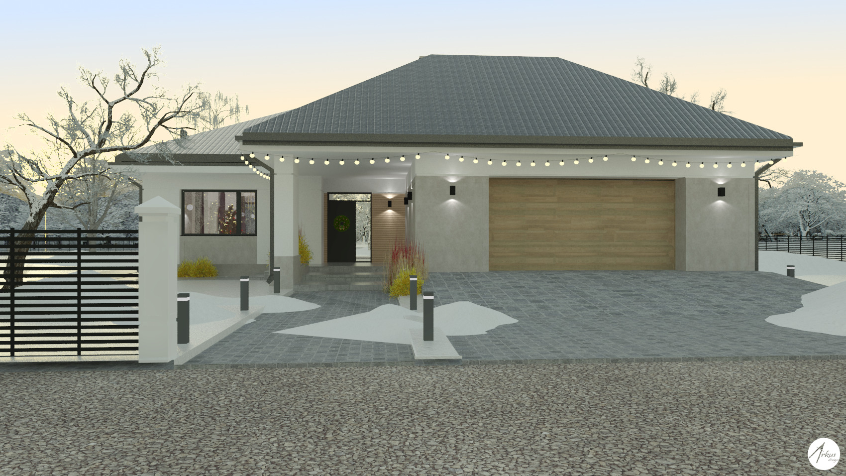 Wizualizacja nowoczesnego domu jednorodzinnego z garażem, oświetlonego girlandami, z elementami dekoracyjnymi w ogrodzie i widocznym oknem z choinką w tle, prezentowana w zimowej scenerii.