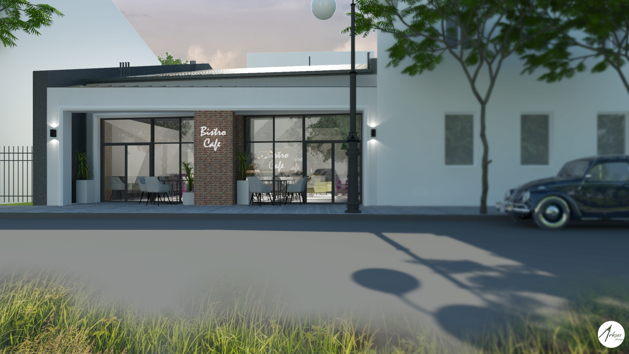 Wizualizacja budynku bistro-kawiarni z ceglaną elewacją, dużymi oknami, stolikami i krzesłami wewnątrz, oświetleniem zewnętrznym i zaparkowanym klasycznym Volkswagenem Garbusem na ulicy.