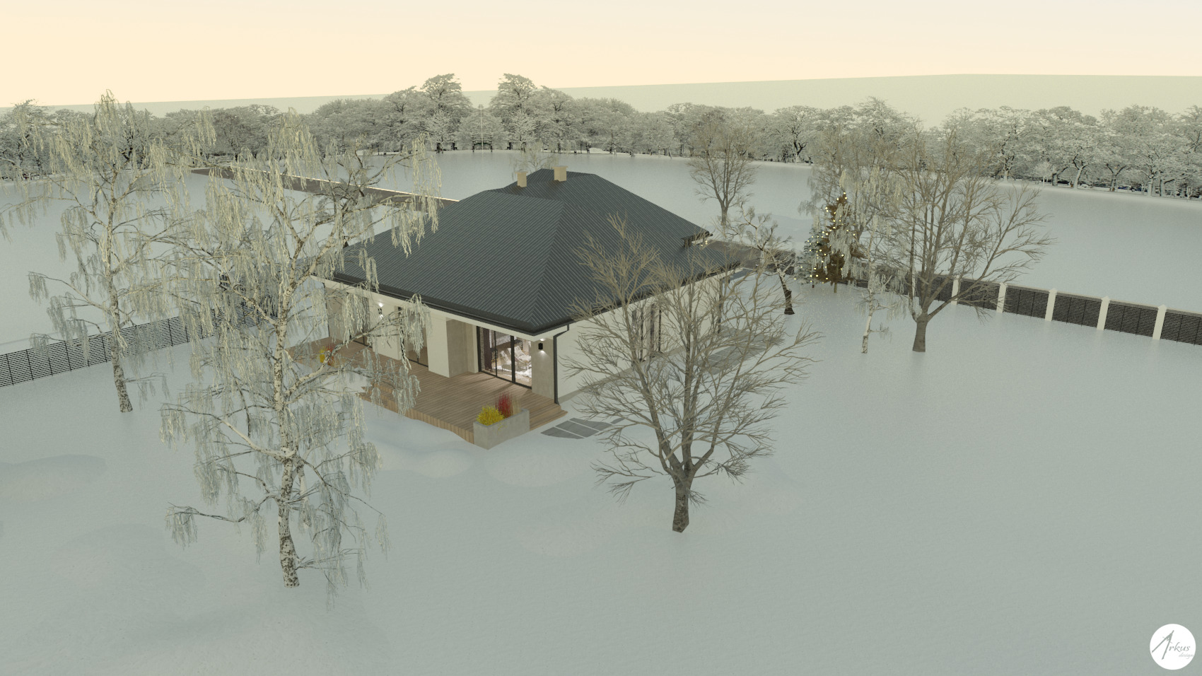 Wizualizacja zimowego krajobrazu z nowoczesnym domem jednorodzinnym z płaskim dachem i drewnianym tarasem, otoczonym ośnieżonymi drzewami i ogrodzeniem.