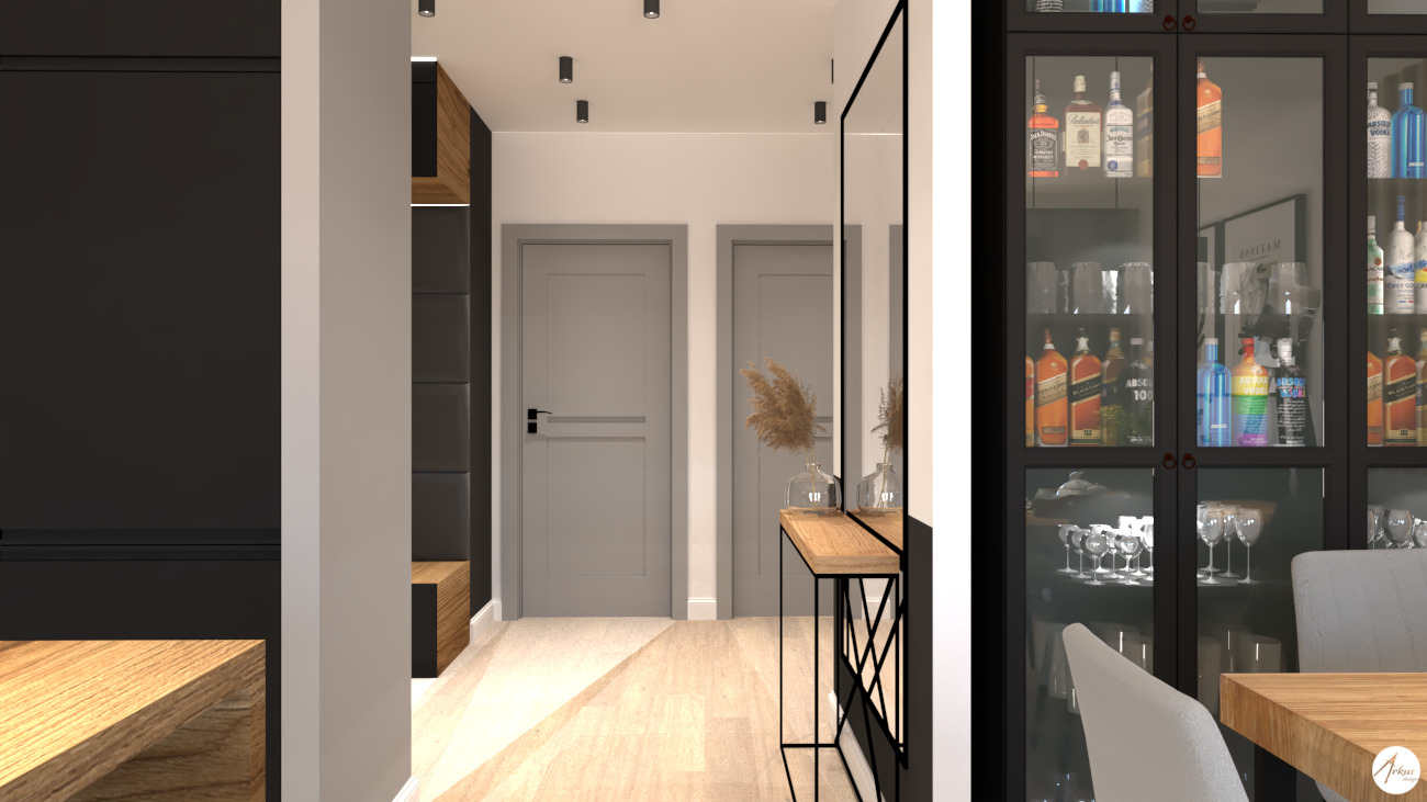 Wizualizacja projektu wnętrza: nowoczesny przedpokój z szarą tapicerowaną ścianą, drewnianymi akcentami, lustrem i barkiem z alkoholem.