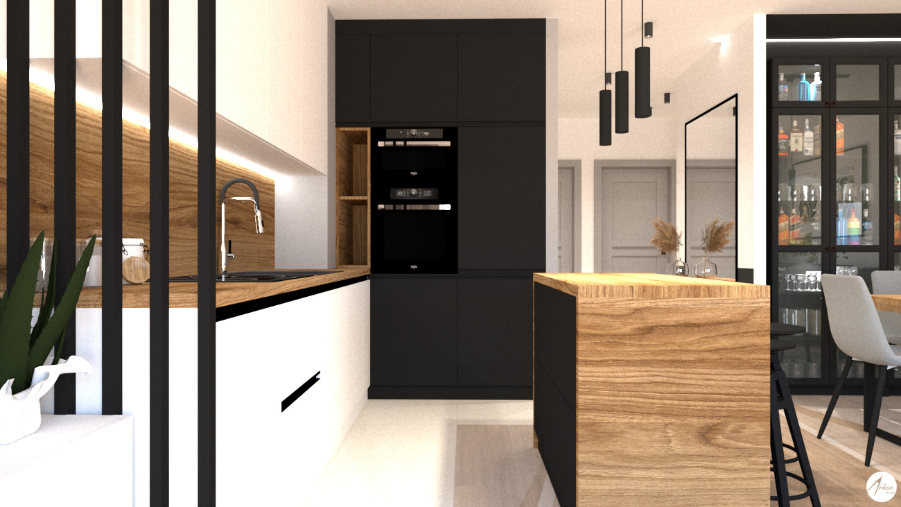 Wizualizacja nowoczesnej kuchni z czarnymi szafkami i drewnianymi akcentami, widok na wyspę kuchenną i przeszkloną witrynę z alkoholem w tle.