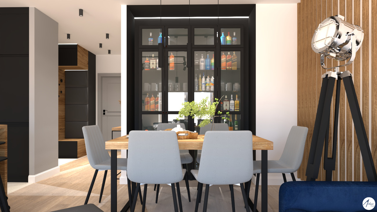 Wizualizacja jadalni z drewnianym stołem, szarymi krzesłami, czarną witryną z alkoholem i lampą w stylu reflektora na trójnogu.
