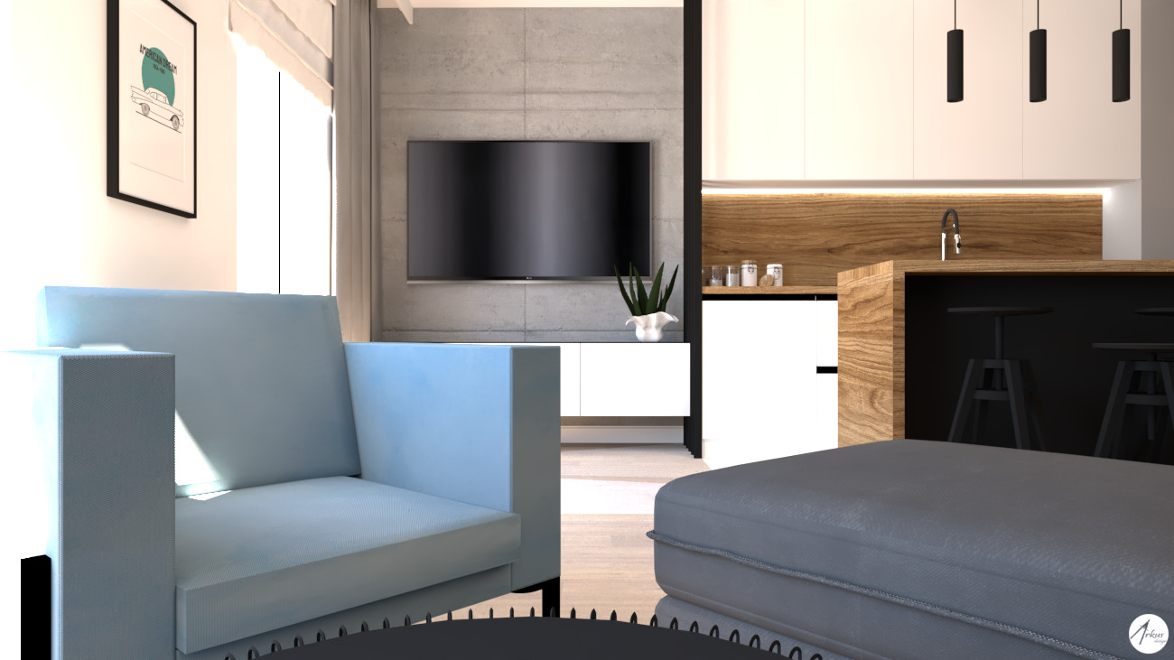 Wizualizacja wnętrza nowoczesnego salonu z otwartą kuchnią, jasnoniebieski fotel modułowy na pierwszym planie, betonowa ściana z telewizorem, drewniane akcenty w kuchni, minimalistyczne oświetlenie.