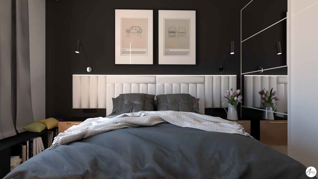 Nowoczesna sypialnia z tapicerowanym zagłówkiem, czarnymi ścianami, minimalistycznymi lampami ściennymi, plakatami z motywem samochodów i lustrzaną szafą.