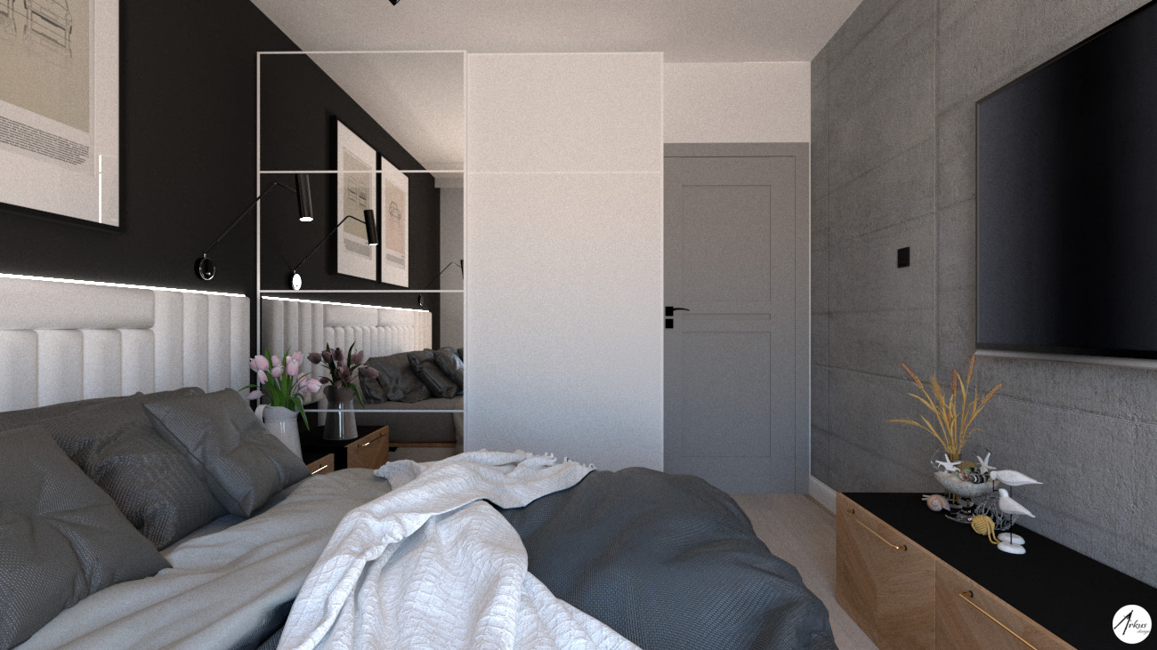 Nowoczesna sypialnia z szarą pościelą, białą tapicerowaną ramą łóżka z podświetleniem LED, lustrzaną ścianą i telewizorem na betonowej ścianie, kwiaty w wazonie na szafce nocnej.