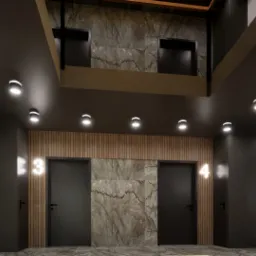 Korytarz biurowy z numerowanymi drzwiami, oświetleniem punktowym i wykończeniem z drewna i marmuru.