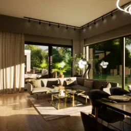 Jasne, przestronne wnętrze salonu z jadalnią, z dużymi oknami wychodzącymi na ogród. Wygodna, narożna sofa, szklane stoliki kawowe ze złotymi ramami, stół jadalny z zastawą, designerskie...