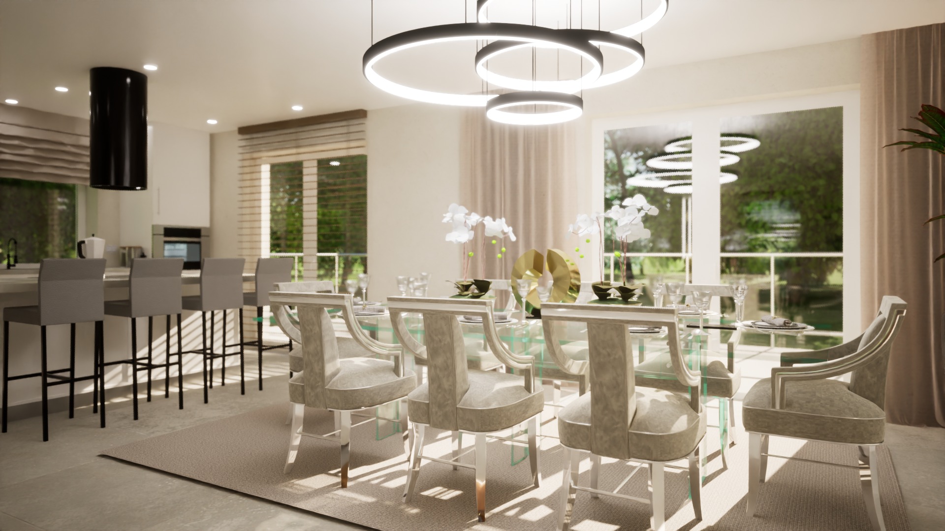 Jasna jadalnia z przeszklonym stołem, krzesłami z beżową tapicerką i chromowanymi nogami, oświetlona nowoczesną lampą pierścieniową, widok na ogród przez okno.