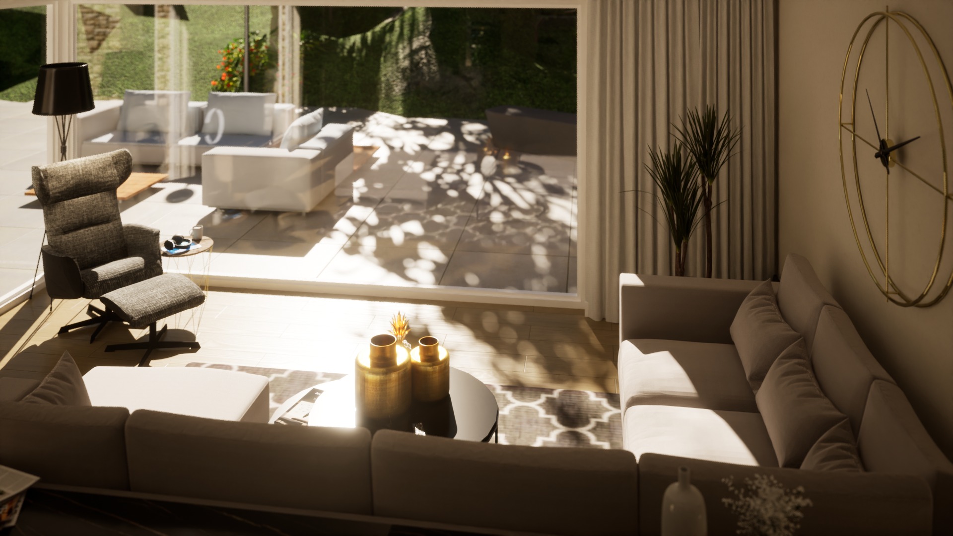 Wizualizacja salonu z beżową narożną sofą, złotymi wazonami na czarnym stoliku kawowym i dużym oknem z widokiem na taras z białymi meblami ogrodowymi.