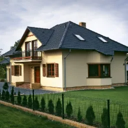 Nowo wybudowany dom jednorodzinny z ciemną dachówką i beżową elewacją, widoczny z perspektywy ogrodu, z nowoczesnym ogrodzeniem panelowym i równo przystrzyżonym trawnikiem.