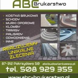 Folder reklamowy firmy brukarskiej ABC Brukarstwo prezentujący realizacje z kostki brukowej, schody, murki oporowe, klomby, tarasy, palisady i odwodnienia.