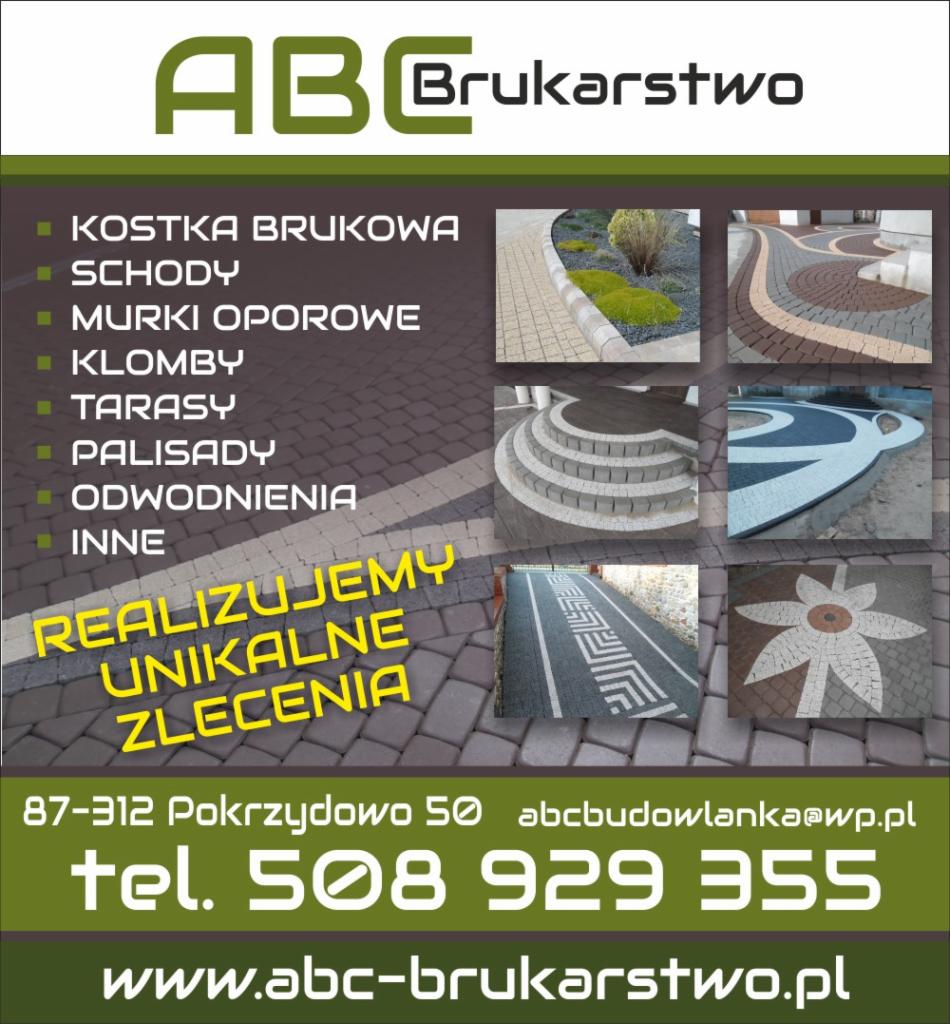 Folder reklamowy firmy brukarskiej ABC Brukarstwo prezentujący realizacje z kostki brukowej, schody, murki oporowe, klomby, tarasy, palisady i odwodnienia.