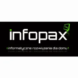 Logo firmy Infopax z zielonym akcentem monitora i hasłem 'informatyczne rozwiązania dla domu' na czarnym tle.