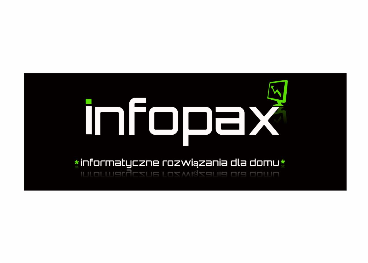 Logo firmy Infopax z zielonym akcentem monitora i hasłem 'informatyczne rozwiązania dla domu' na czarnym tle.